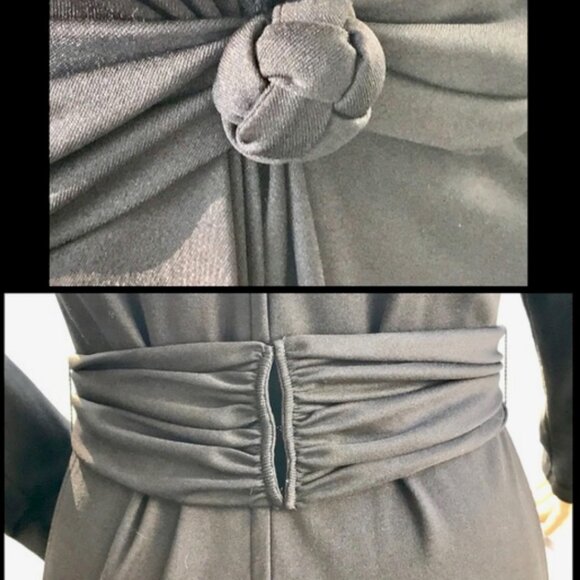 ▪️VTG▪️UNION MADE ▪️ILGWU▪️60’s 70’s Black Draped Knotted Belt Sateen Maxi Dress - Picture 4 of 8